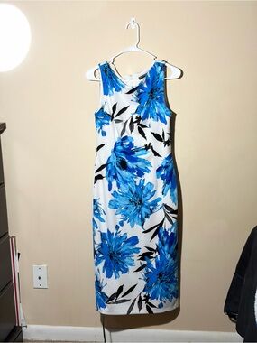 Maggy London White Midi Dress with Vibrant Blue Floral Print